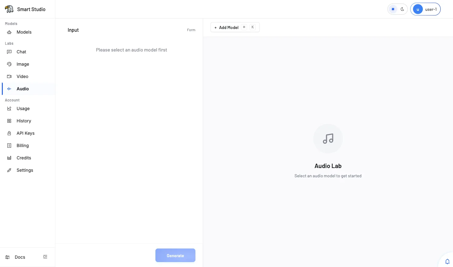 Audio Lab — model selector dropdown, configuration panel, and audio output area for TTS and transcription