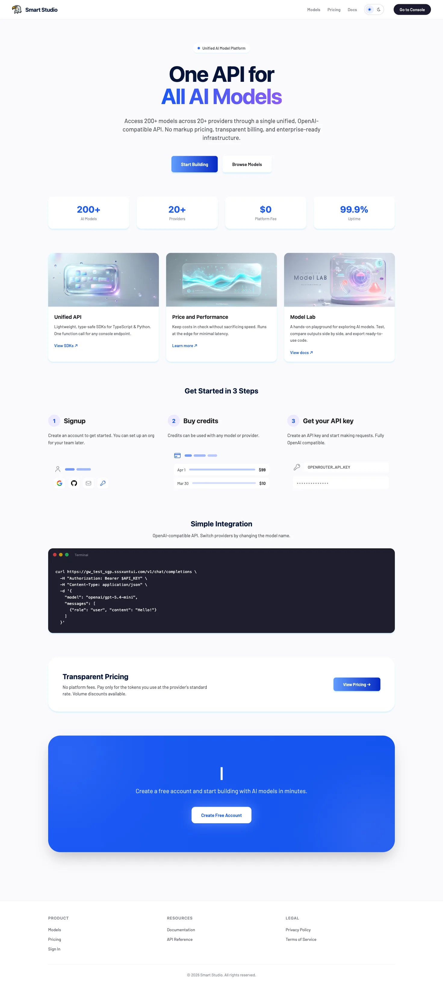 Platform overview — 200+ models, 20+ providers, pricing information, and quickstart entry points