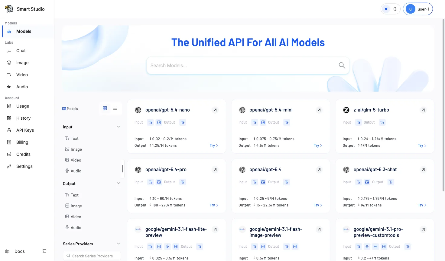 Models catalog — 131 available models with filtering by input/output type