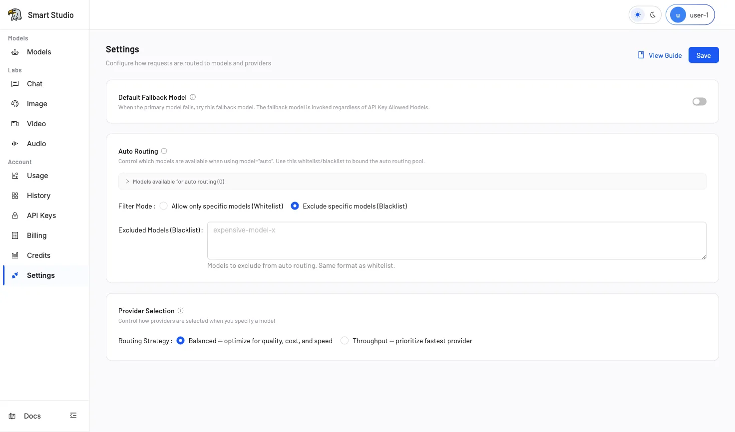 Routing configuration in Settings — Default Fallback Model, Auto Routing, Provider Selection, and Routing Strategy
