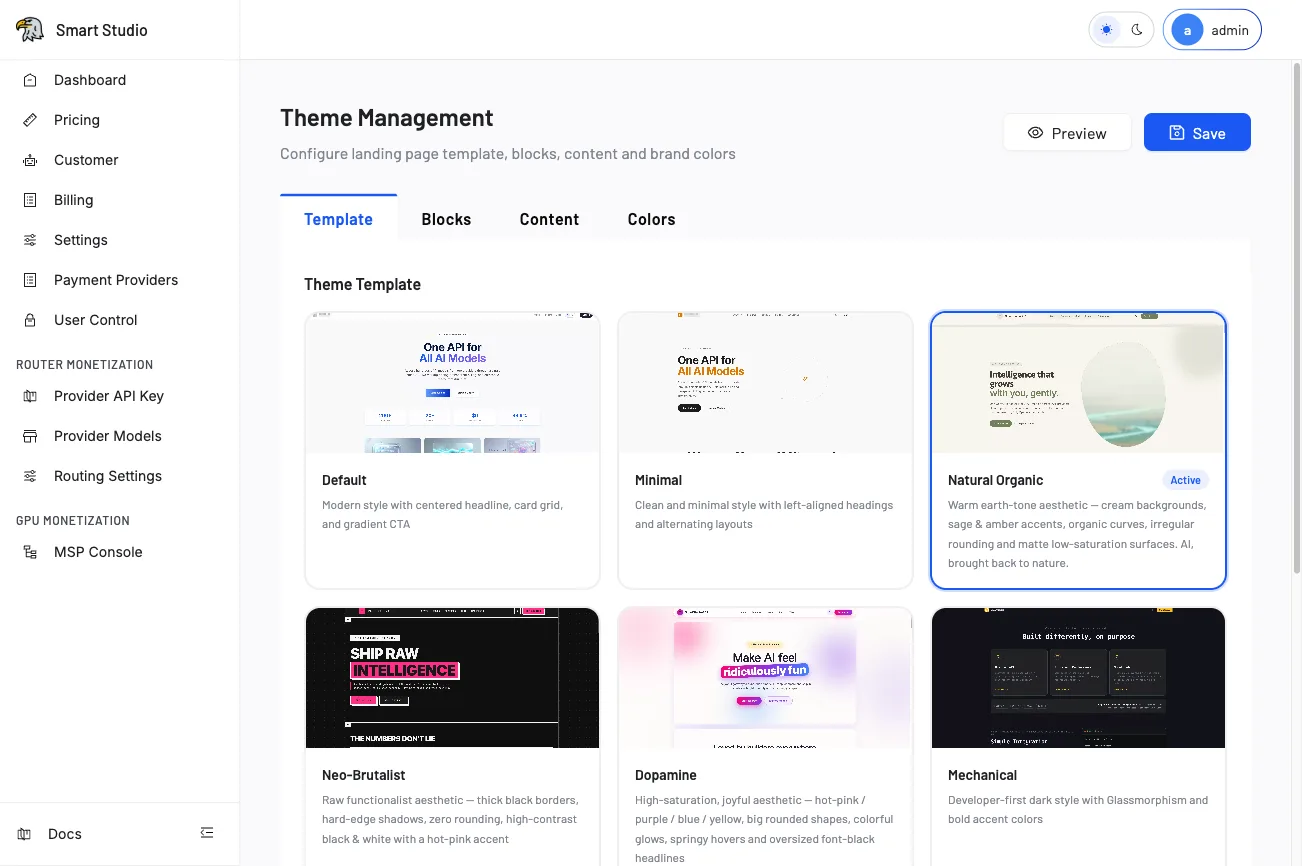 Theme Management — Template gallery with 12+ theme presets, plus Blocks, Content, and Colors configuration tabs